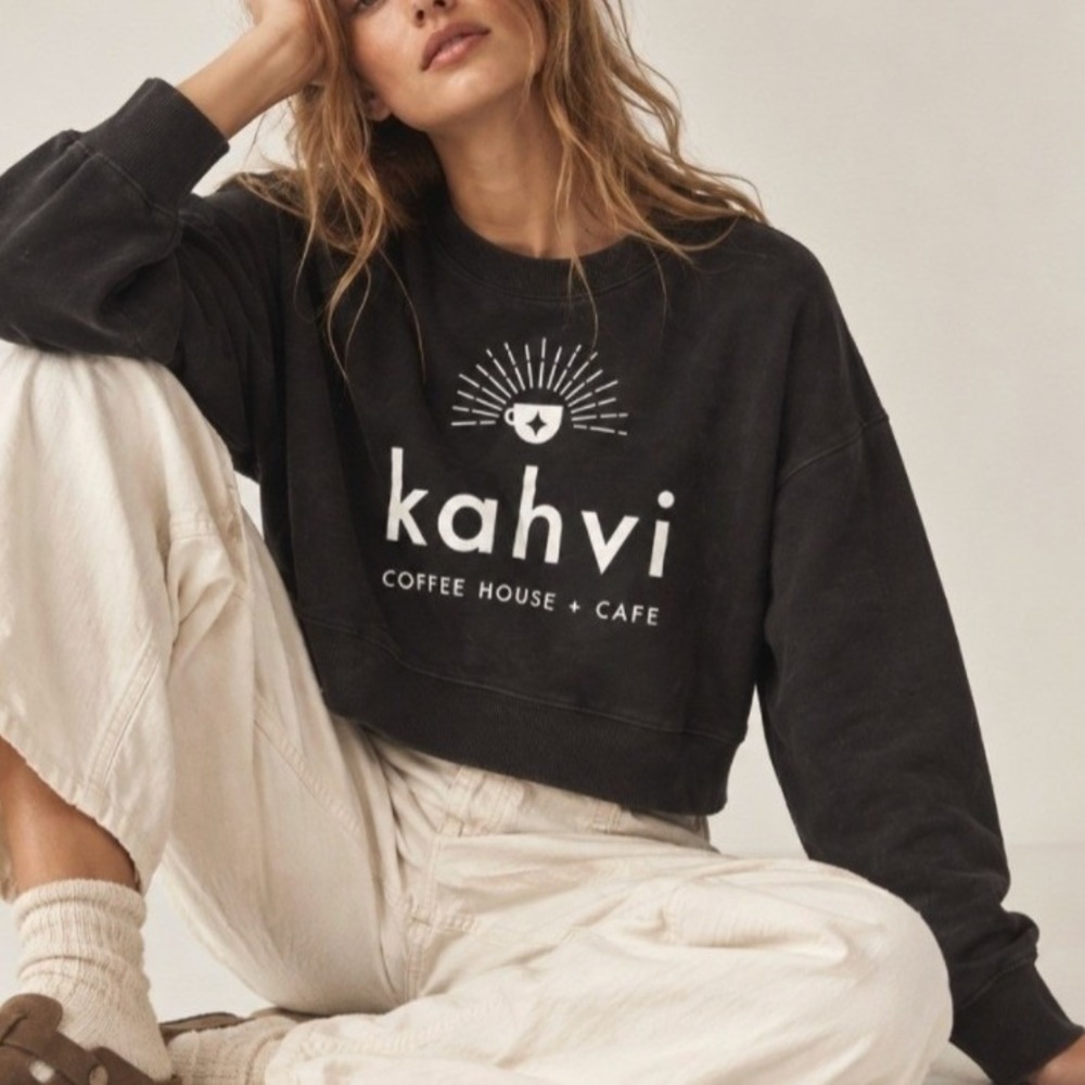Boxy Sweatshirt Kahvi Coffee Cropped M Black Graphic Pullover Cotton Scandigirl